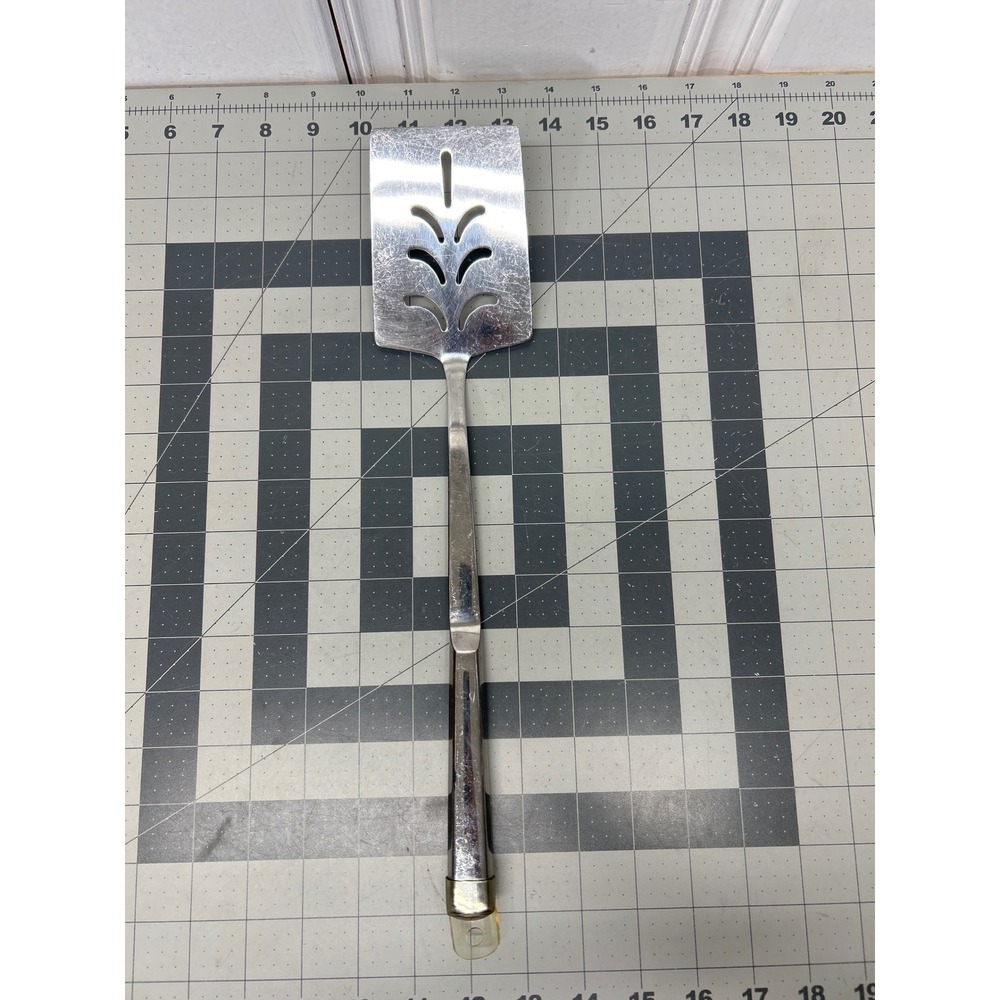 Vintage Stainless Steel Slotted Spatula Turner Korea Silver Wheat Cutout 13.5"